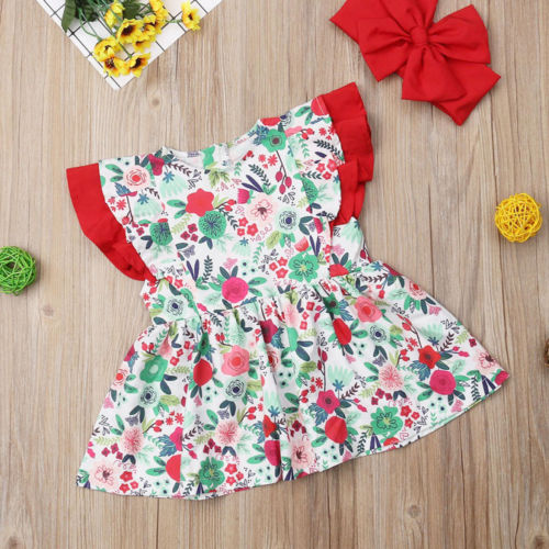 Chlid Kids Baby Girls Clothes Ruffle Floral Sleeveless Dress Headband Summer 2Pcs - ebowsos