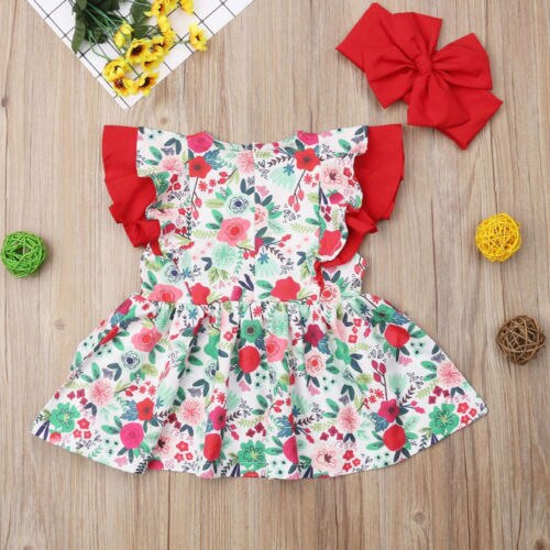 Chlid Kids Baby Girls Clothes Ruffle Floral Sleeveless Dress Headband Summer 2Pcs - ebowsos