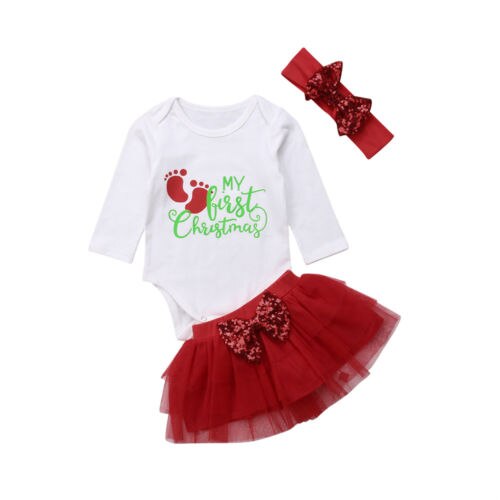 Christmas Baby Girl Clothing Long Sleeve Print Letter Romper Tops Tutu Skirt Headband Outfit Clothes Set - ebowsos