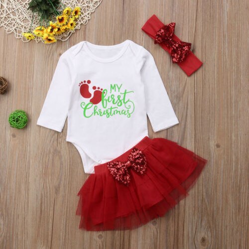 Christmas Baby Girl Clothing Long Sleeve Print Letter Romper Tops Tutu Skirt Headband Outfit Clothes Set - ebowsos