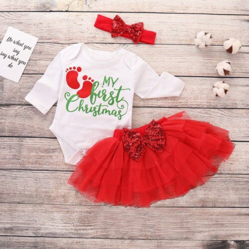 Christmas Baby Girl Clothing Long Sleeve Print Letter Romper Tops Tutu Skirt Headband Outfit Clothes Set - ebowsos