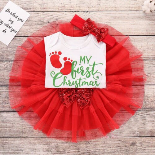 Christmas Baby Girl Clothing Long Sleeve Print Letter Romper Tops Tutu Skirt Headband Outfit Clothes Set - ebowsos