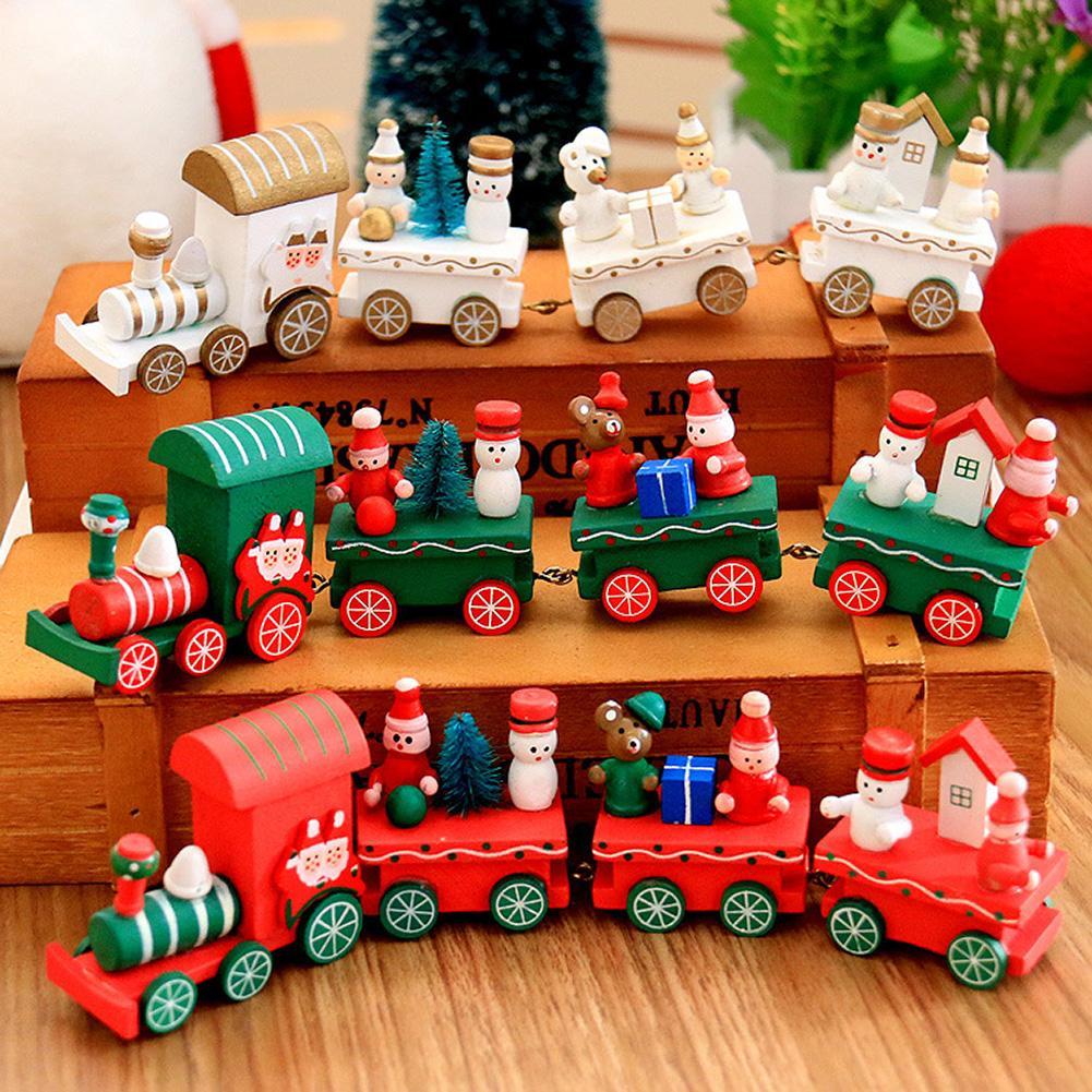 Christmas Decoration Little Train Wooden Model Vehicle Toys 4 Section with Santa/Bear Xmas Kid Toys Gift New Year Supplies-ebowsos