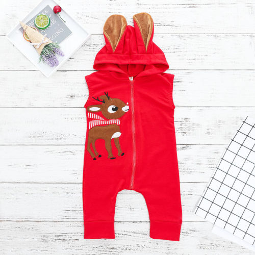 Christmas Kids Boys Girls Sleeveless Romper Santa Elk Hooded 3D Ear Zipper Jumpsuit Red Playsuit Xmas Baby Clothes - ebowsos