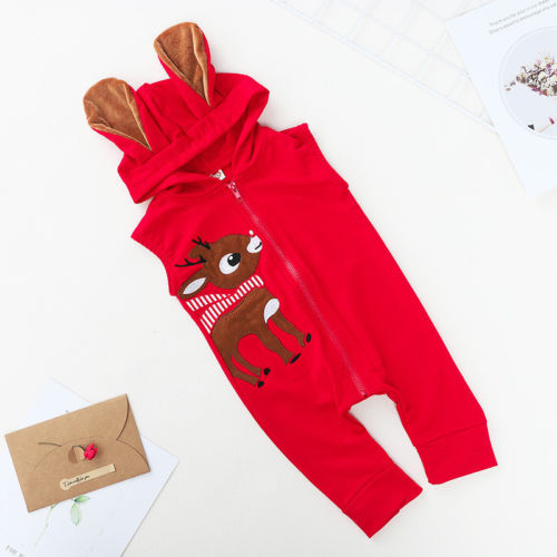 Christmas Kids Boys Girls Sleeveless Romper Santa Elk Hooded 3D Ear Zipper Jumpsuit Red Playsuit Xmas Baby Clothes - ebowsos