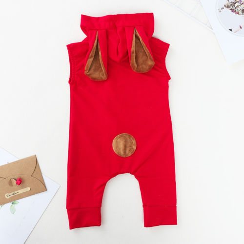 Christmas Kids Boys Girls Sleeveless Romper Santa Elk Hooded 3D Ear Zipper Jumpsuit Red Playsuit Xmas Baby Clothes - ebowsos