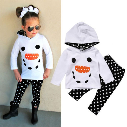 Christmas Kids Girls Snowman Hoodies Ruffle Long Sleeve Hooded T-Shirt Dot Pants Outfits 2Pcs Clothing - ebowsos