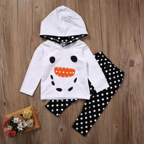 Christmas Kids Girls Snowman Hoodies Ruffle Long Sleeve Hooded T-Shirt Dot Pants Outfits 2Pcs Clothing - ebowsos