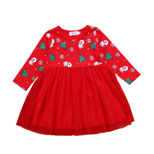 Christmas Party Cute Toddler Baby Girls Dress Long Sleeve Pattern Print Lace Patchwork Knee-Length Tutu Dress Outfit 1-6Y - ebowsos