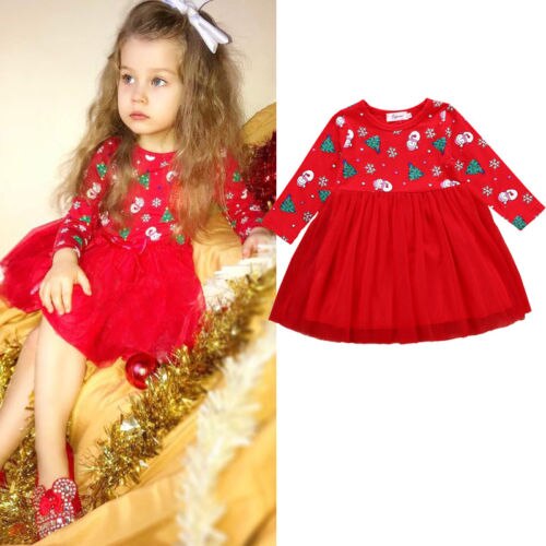 Christmas Party Cute Toddler Baby Girls Dress Long Sleeve Pattern Print Lace Patchwork Knee-Length Tutu Dress Outfit 1-6Y - ebowsos