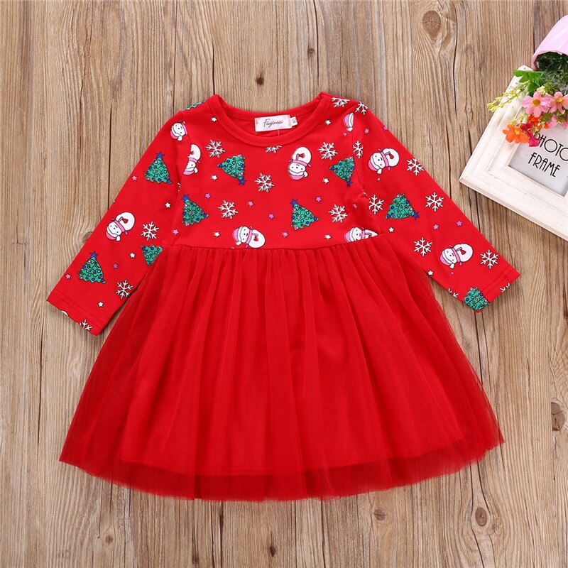 Christmas Party Cute Toddler Baby Girls Dress Long Sleeve Pattern Print Lace Patchwork Knee-Length Tutu Dress Outfit 1-6Y - ebowsos