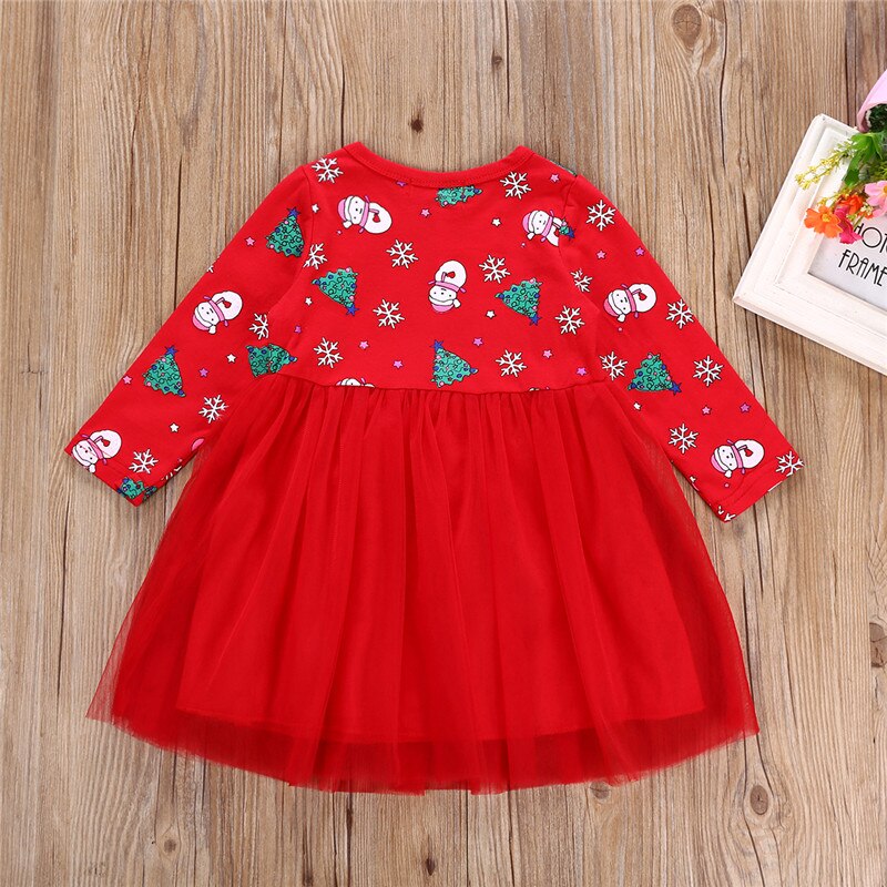 Christmas Party Cute Toddler Baby Girls Dress Long Sleeve Pattern Print Lace Patchwork Knee-Length Tutu Dress Outfit 1-6Y - ebowsos