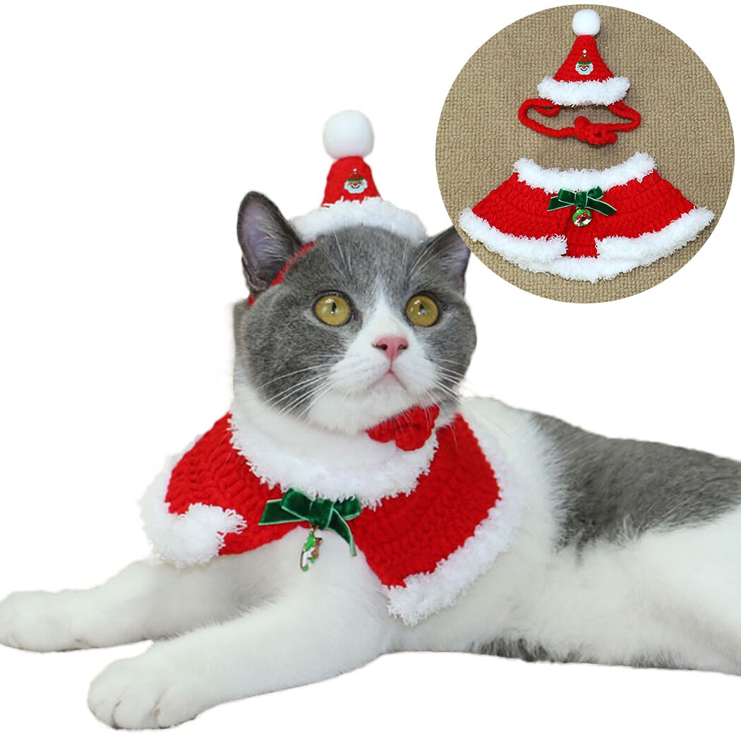 Christmas Pet Cat Costumes Cloaks Creative Adjustable Pet Cloak Pet Costume with Pet Santa Hat Clothes Set-ebowsos