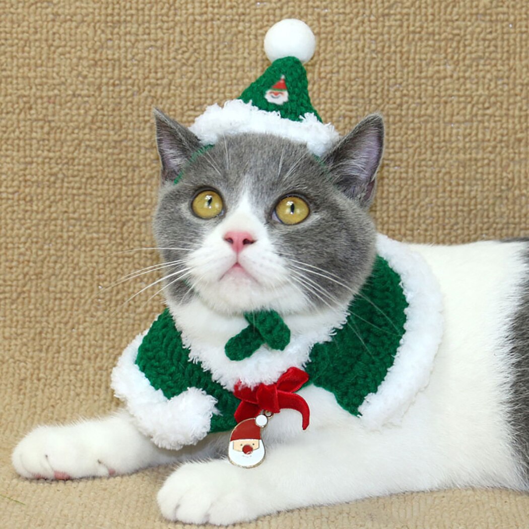 Christmas Pet Cat Costumes Cloaks Creative Adjustable Pet Cloak Pet Costume with Pet Santa Hat Clothes Set-ebowsos