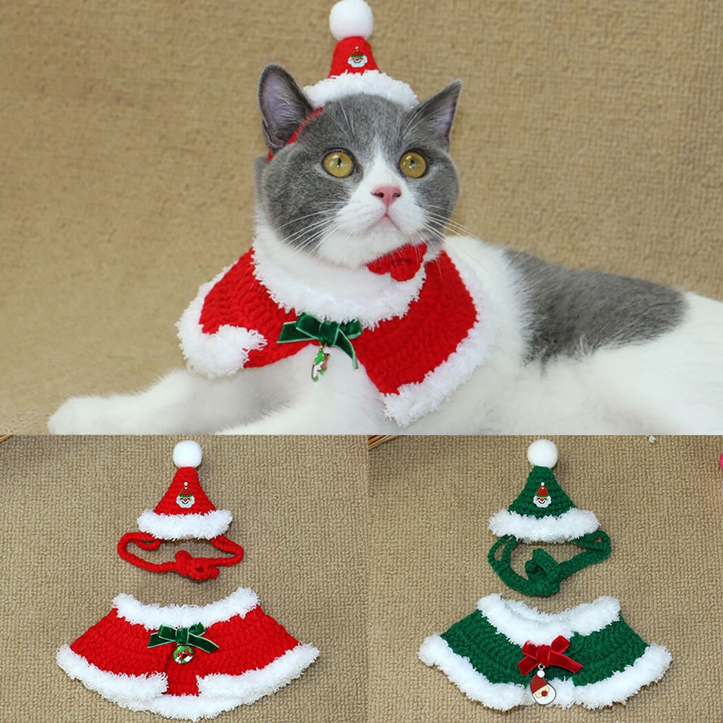 Christmas Pet Cat Costumes Cloaks Creative Adjustable Pet Cloak Pet Costume with Pet Santa Hat Clothes Set-ebowsos