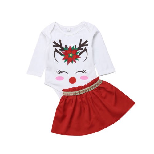 Christmas Toddler Baby Girl Cute Deer Bodysuit Romper Party Tutu Mini Skirt 2Pcs suit girl Clothing - ebowsos