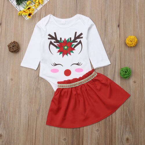 Christmas Toddler Baby Girl Cute Deer Bodysuit Romper Party Tutu Mini Skirt 2Pcs suit girl Clothing - ebowsos