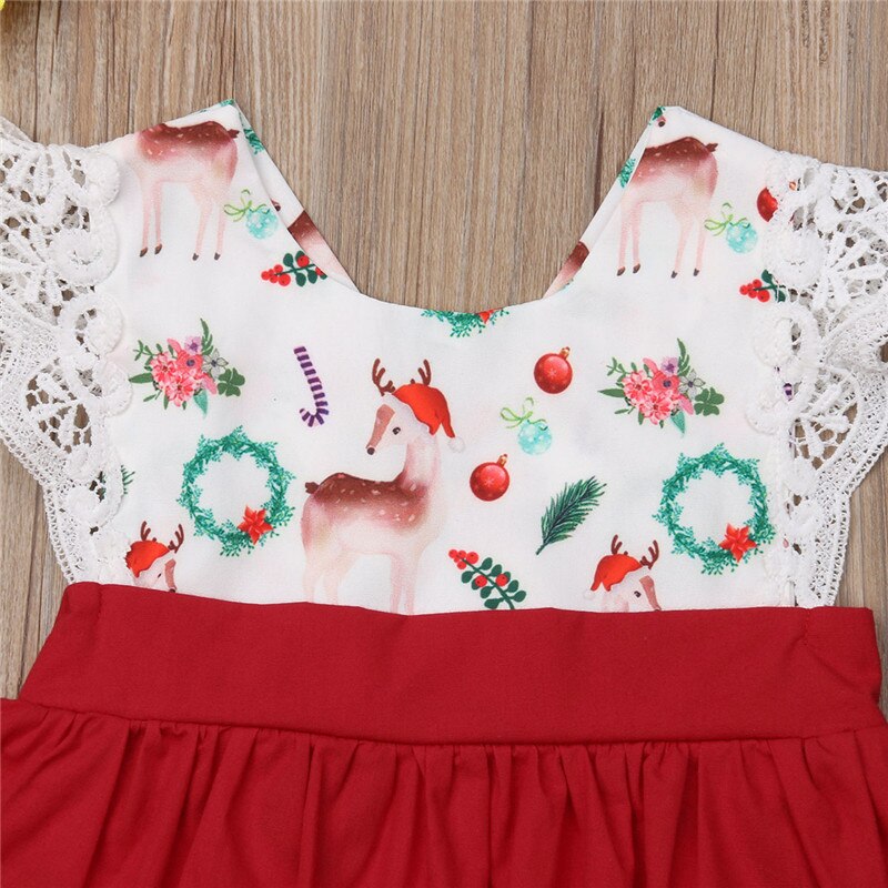 Christmas Toddler Baby Girls Deer Lace Romper Sleeveless Jumpsuit Dress Outfits Clothes Set - ebowsos