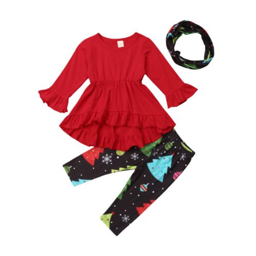 Christmas Toddler Infant Kids Baby Girl Christmas Dress Ruffle Tops+Xmas tree Print Pants 3Pcs Outfits Clothes - ebowsos