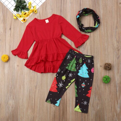 Christmas Toddler Infant Kids Baby Girl Christmas Dress Ruffle Tops+Xmas tree Print Pants 3Pcs Outfits Clothes - ebowsos