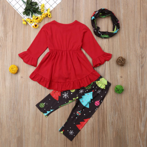 Christmas Toddler Infant Kids Baby Girl Christmas Dress Ruffle Tops+Xmas tree Print Pants 3Pcs Outfits Clothes - ebowsos