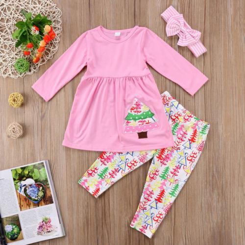 Christmas Tree Sweet Kids Baby Girls Clothing Sets Clothes Outfits T-shirt Top Long Pants Leggings - ebowsos