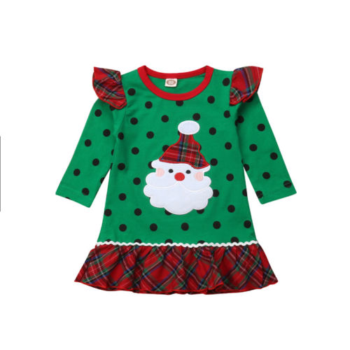 Christmas cute girl warm Santa print long sleeve round neck dot dress Christmas party princess dress - ebowsos