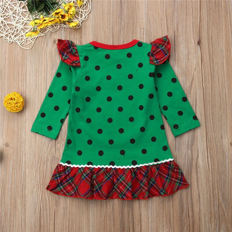 Christmas cute girl warm Santa print long sleeve round neck dot dress Christmas party princess dress - ebowsos