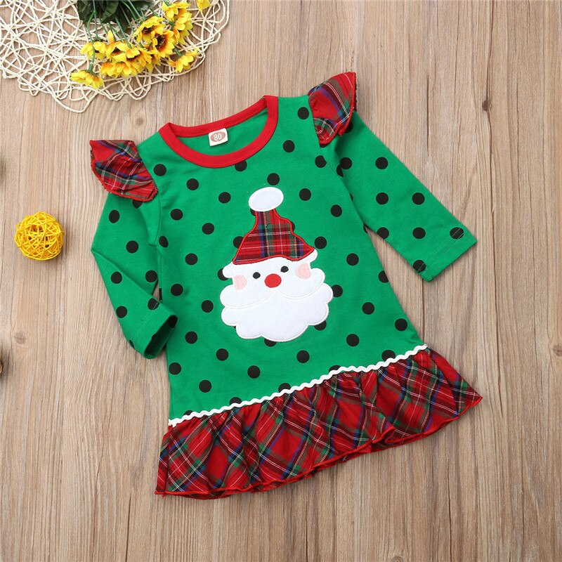 Christmas cute girl warm Santa print long sleeve round neck dot dress Christmas party princess dress - ebowsos