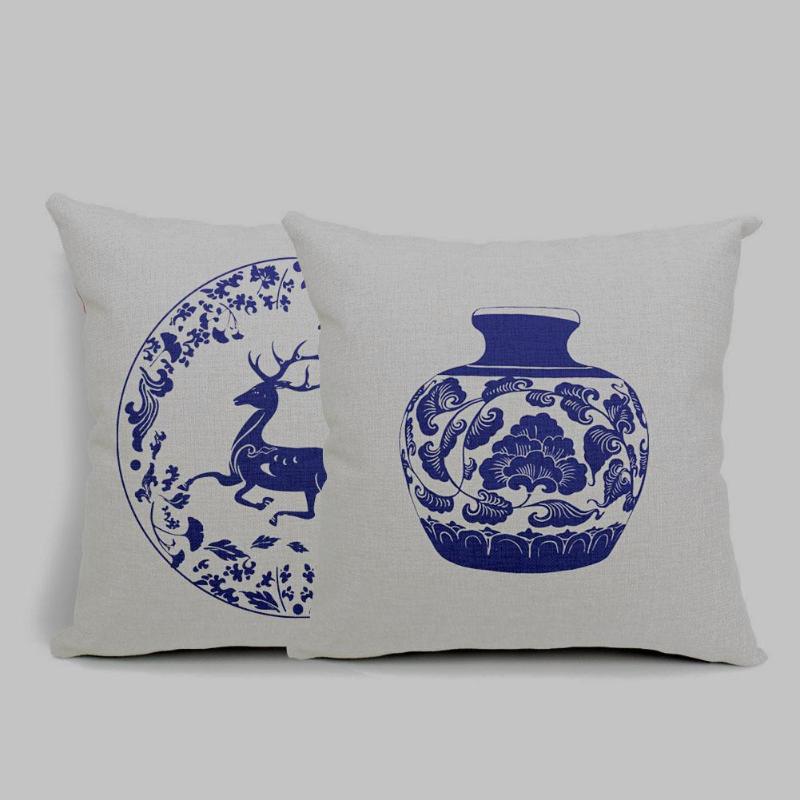 Classic Blue and White Porcelain Pattern Case Classic Chinese Style Home Decorative covers Cotton Linen Cotton Pillow Case - ebowsos