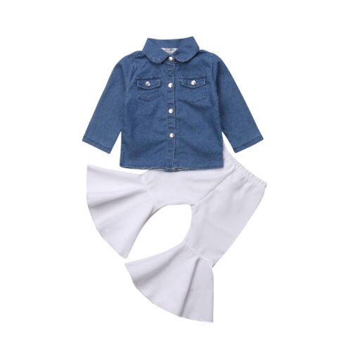 Cool 2Pcs Set Toddler Baby Girl Clothes Long Sleeve Button Denim Shirt Tops+ Long White Flare Pant Autumn Outfits New Fashion - ebowsos