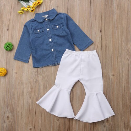 Cool 2Pcs Set Toddler Baby Girl Clothes Long Sleeve Button Denim Shirt Tops+ Long White Flare Pant Autumn Outfits New Fashion - ebowsos