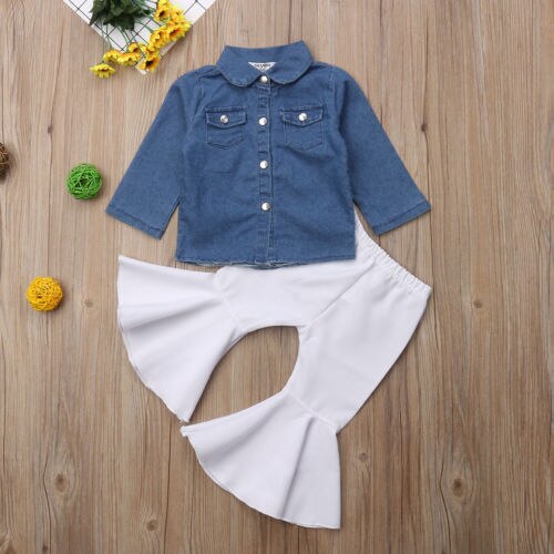 Cool 2Pcs Set Toddler Baby Girl Clothes Long Sleeve Button Denim Shirt Tops+ Long White Flare Pant Autumn Outfits New Fashion - ebowsos