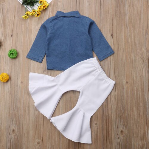 Cool 2Pcs Set Toddler Baby Girl Clothes Long Sleeve Button Denim Shirt Tops+ Long White Flare Pant Autumn Outfits New Fashion - ebowsos