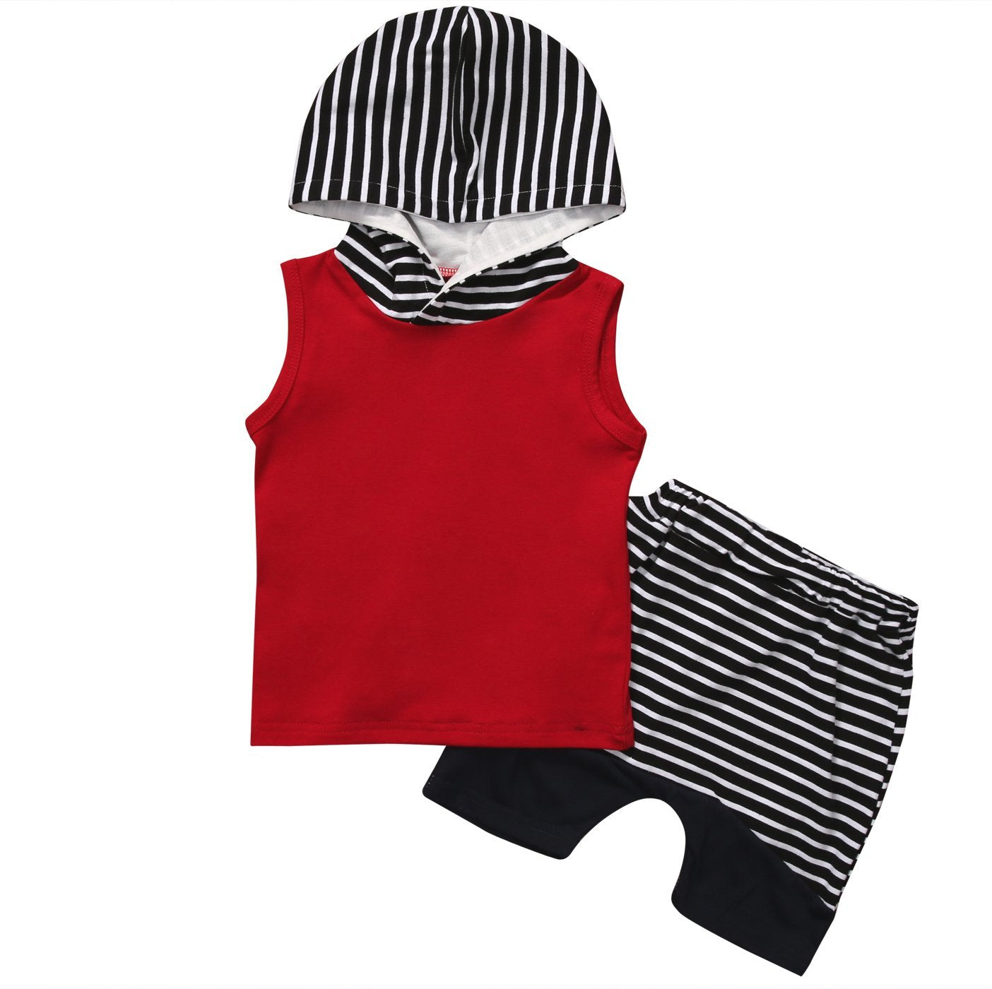 Cool Infant Toddler Baby Boy Hooded Tops Vest+Striped Pants 2pcs Outfits Set - ebowsos