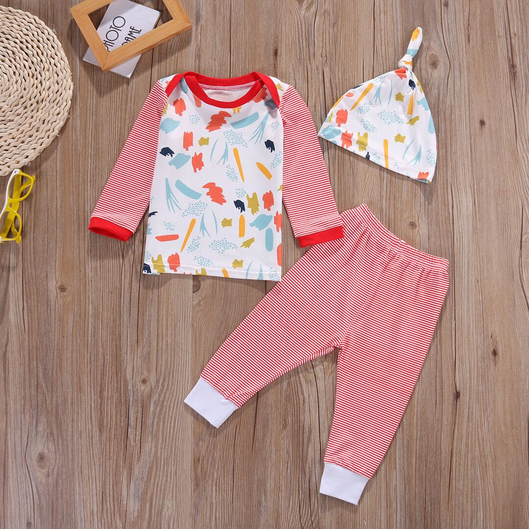 Cotton Newborn Baby Girls Tops T-shirt+ Long Pants Hat Outfits Clothes Set 3pcs - ebowsos