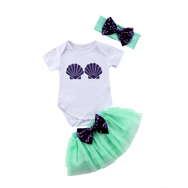 Cute 3PCS Newborn Baby Girl Short Sleeve Shell Romper + Lace Tutu Skirts+Headband Outfits Clothes Summer Baby Clothing - ebowsos