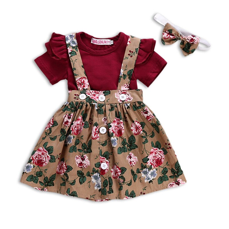 Cute 3PCS Sweet Printing Floral Baby Girl Dress Newborn Baby Girls Short Fly Sleeve Romper Flower Belt Dresses Outfit - ebowsos