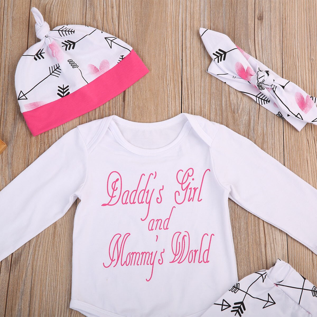 Cute 4pcs Newborn Baby Girls Romper+Arrows Pants Hat Outfits Warm Clothes Set - ebowsos