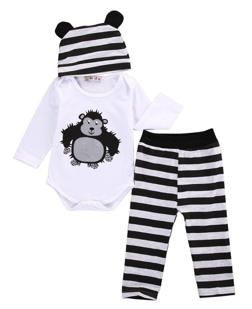 Cute Animals Infant Baby Boy Girl Long Sleeve Cotton Rompers Tops Pants Hats Outfit Set Clothes - ebowsos