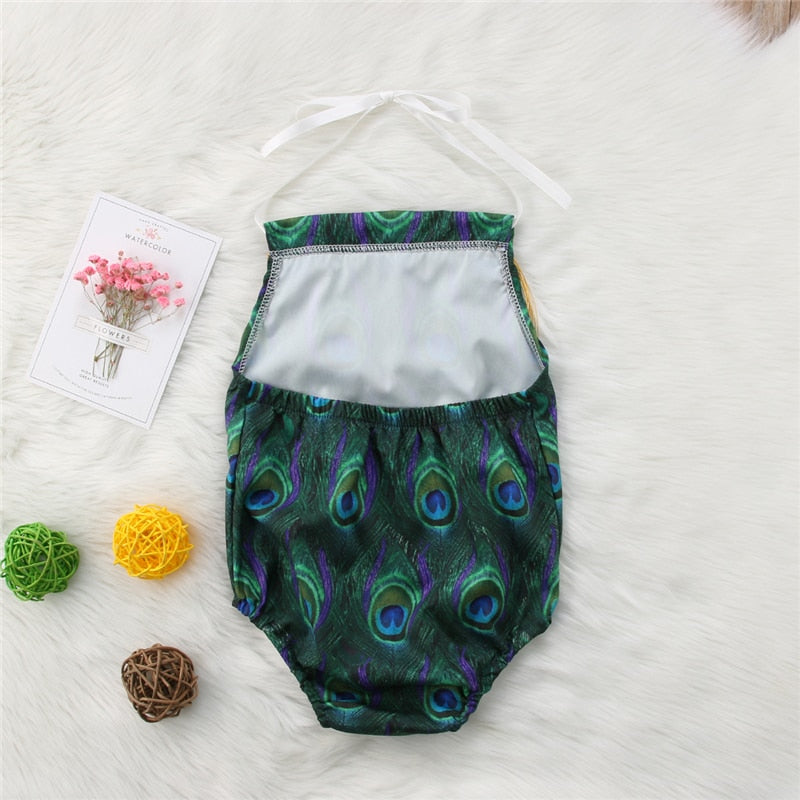 Cute Baby Backless Romper Clothes 0-24M Tassels Newborn Baby Girls Summer Peacock Feather Romper Jumpsuit Outfits - ebowsos