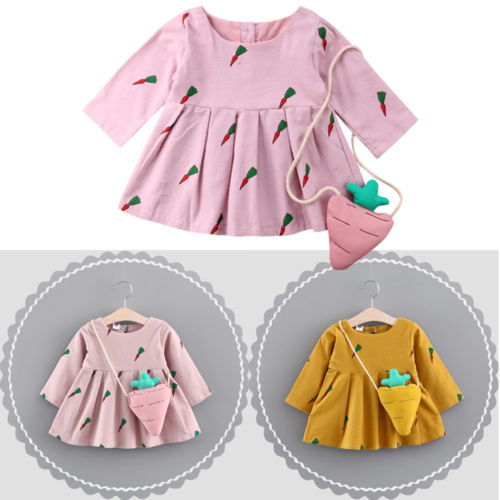 Cute Baby Dresses Kids Girl Carrot Long Sleeve Party Princess Tutu Dress+Bag Outfits - ebowsos