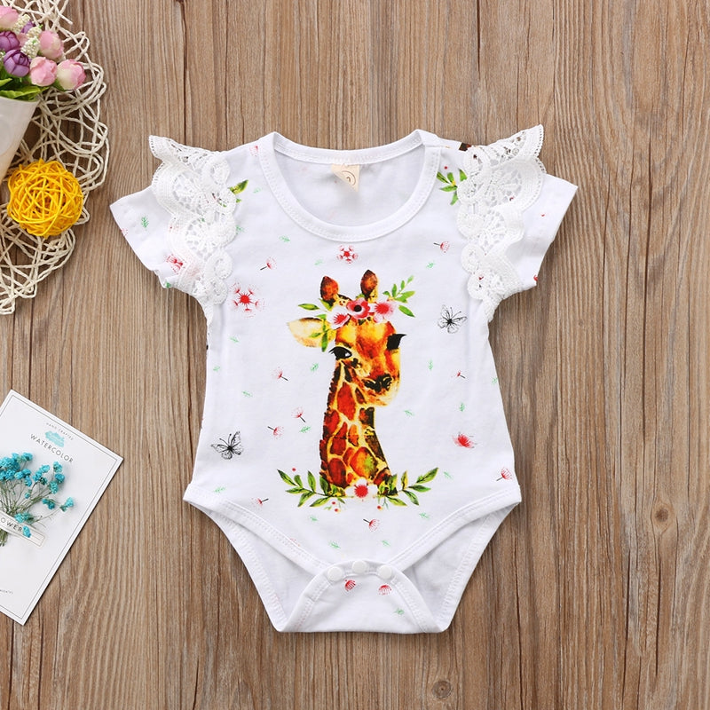 Cute Baby Girl Clothes Newborn Kid Baby Girls Lace Deer Bodysuit Short Sleeve Jumpsuit Outfit Clothes Set - ebowsos