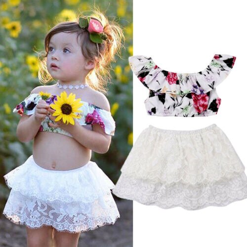 Cute Baby Girls Clothes Backloess T-shirt Tops+Mini Lace Skirt Dress 2Pcs Set - ebowsos