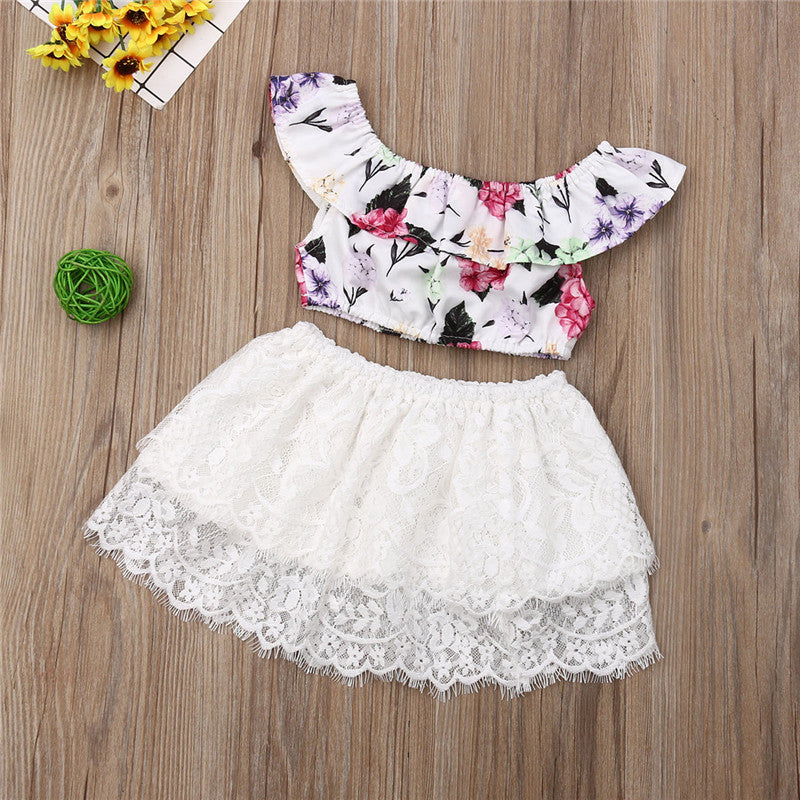 Cute Baby Girls Clothes Backloess T-shirt Tops+Mini Lace Skirt Dress 2Pcs Set - ebowsos