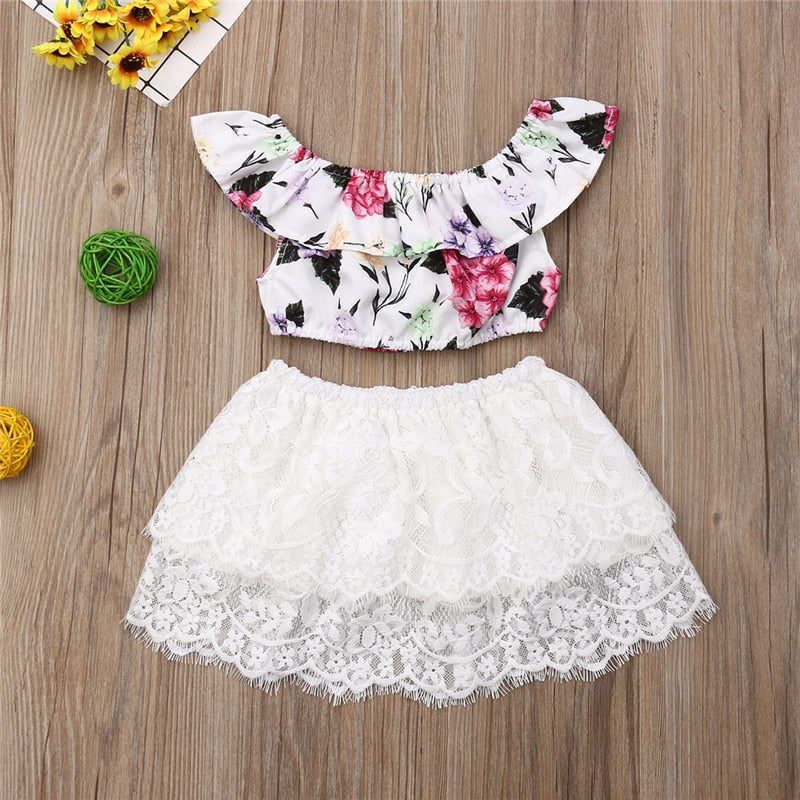 Cute Baby Girls Clothes Backloess T-shirt Tops+Mini Lace Skirt Dress 2Pcs Set - ebowsos