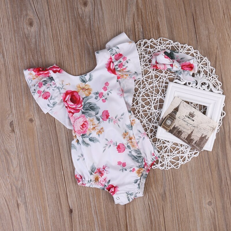 Cute Baby Girls Floral Bodysuit Jumpsuit Clothes Outfits Summer Children Clothing Headband 0-18M - ebowsos