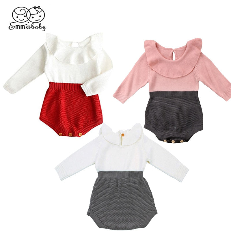 Cute Baby Girls Wool Knitting Patchwork Tops Long Sleeve Ruffle Romper Shorts Warm Outfits Clothes 0-24M - ebowsos