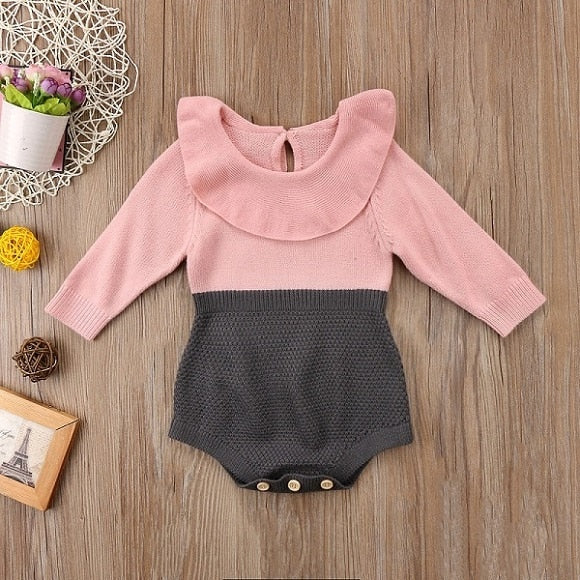 Cute Baby Girls Wool Knitting Patchwork Tops Long Sleeve Ruffle Romper Shorts Warm Outfits Clothes 0-24M - ebowsos