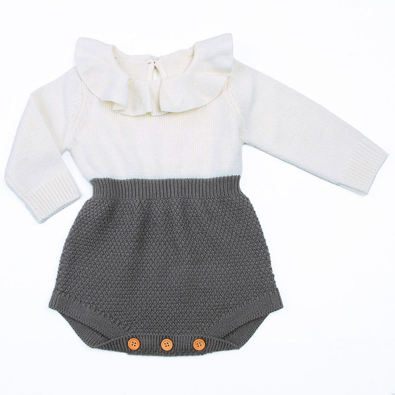 Cute Baby Girls Wool Knitting Patchwork Tops Long Sleeve Ruffle Romper Shorts Warm Outfits Clothes 0-24M - ebowsos